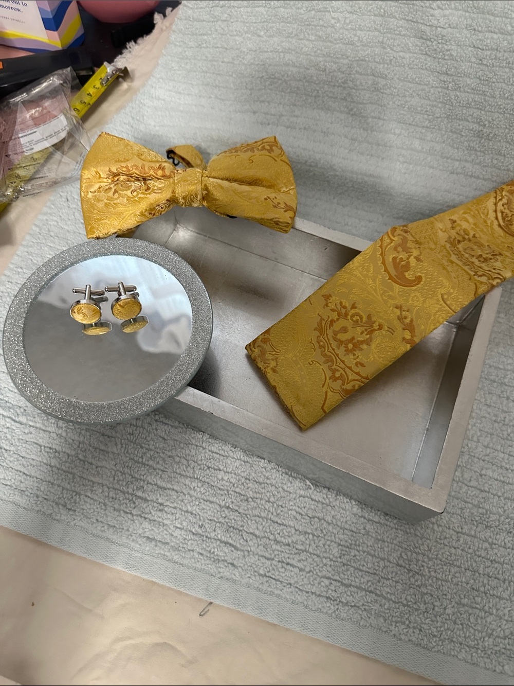 Gold Silk Paisley Bow Tie, Handkerchief & Cufflink Set - Men's by Barry Wang.